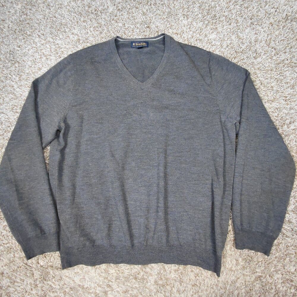 Brooks Brothers Sweater Mens XL Gray Pullover Italian Merino Wool Blend V-Neck